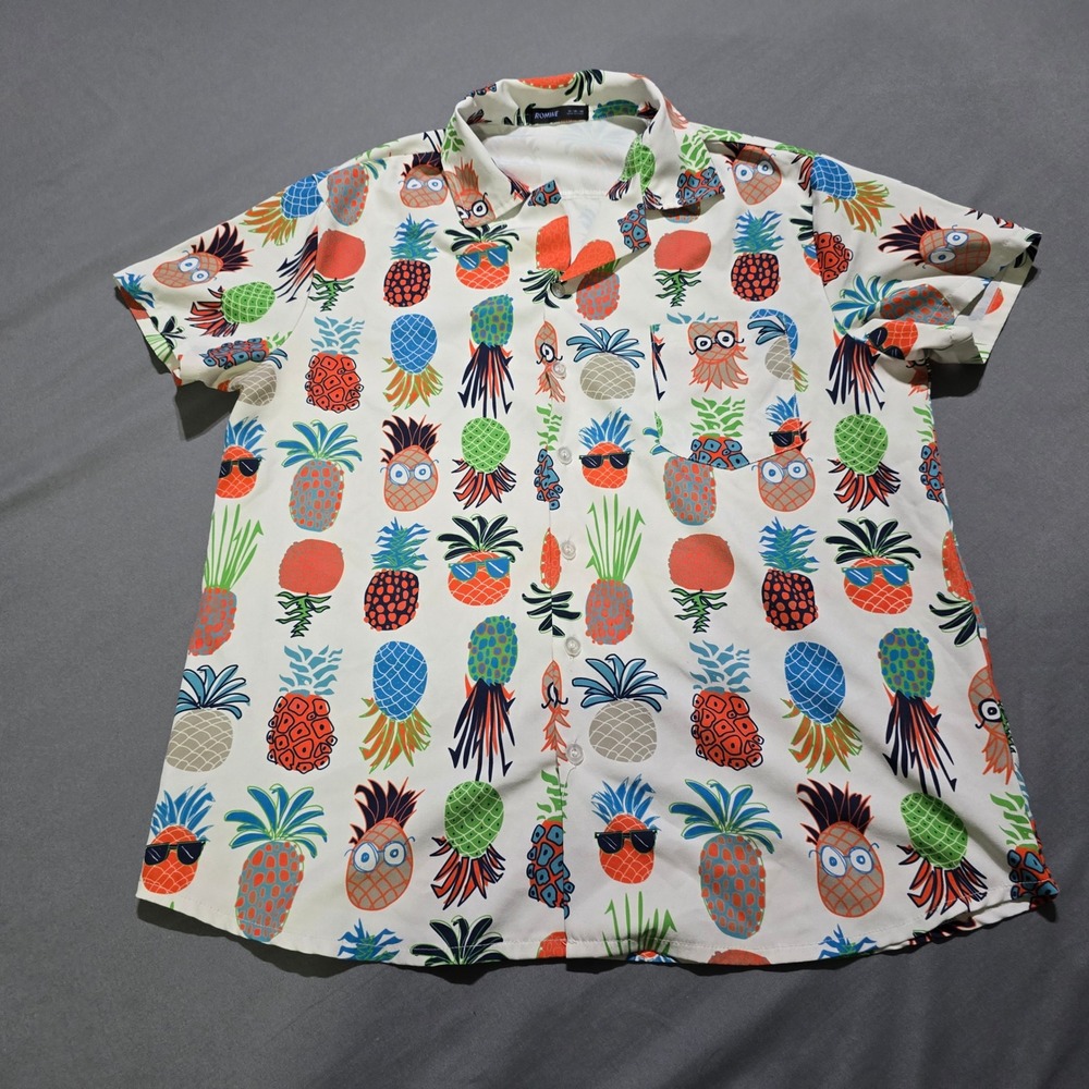 Romwe Pineapple Print Button Up Shirt Mens Medium White Short Sleeve Tropical
